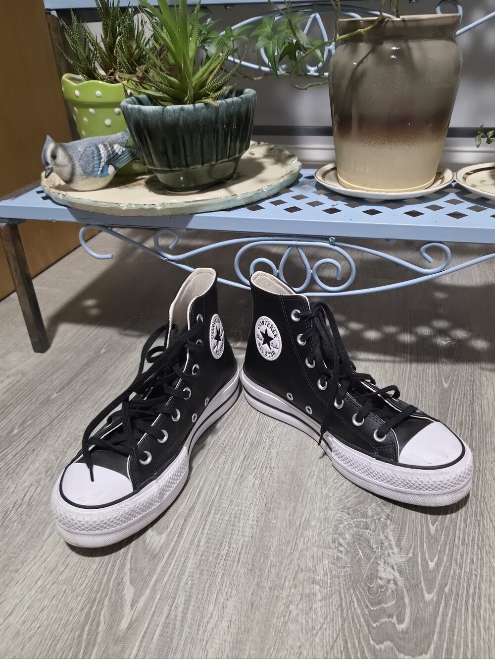 Converse High Tops 8 Black Leather w/White Stackable Soles